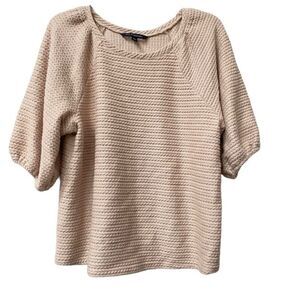 Zac & Rachel tan oatmeal Neutral Cable knit Puff sleeve sweater blouse top L